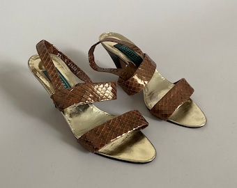 Vintage bruine slangenhuid sandalen voor dames, maat 37 | Sandalen met puntige neus en hak
