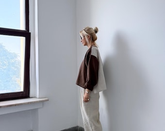 Linen 2 Piece Set, 100% Italian Colorblock Top and Barrel Pants
