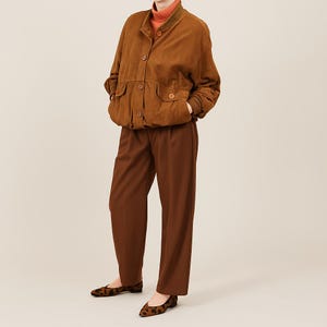 Vintage Suede Bomber Jacket, Oversized Camel Brown Coat with Knit Trim, 1990s Men&#39;s S Fits Women XS-M, Soft Suede Spring - Fall Jacket