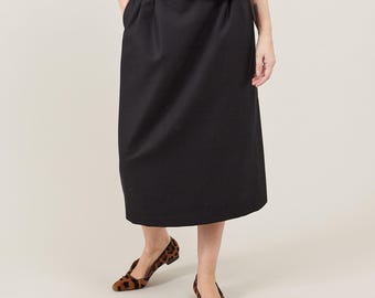 Black Wool Midi Skirt, Pleated Waist with Pockets and Side Vent