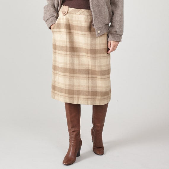 Vintage Beige Plaid Wool Pencil Skirt Women s S M Luxurious Soft Fabric Wool Alpaca Blend Fully Lined Pockets