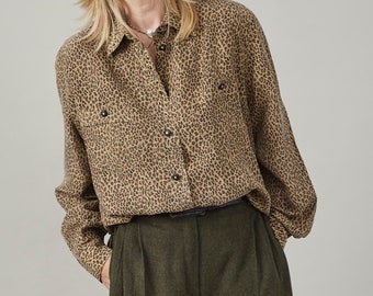 Reine Seidenbluse mit Animal Print für Frauen Größe S - L | Vintage Statement Shirt mit zarten goldenen gestickte Details FTV2011