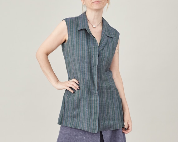 Max Mara, Vintage Max Mara Linen Sleeveless Blouse, Striped Tailored Top Size S