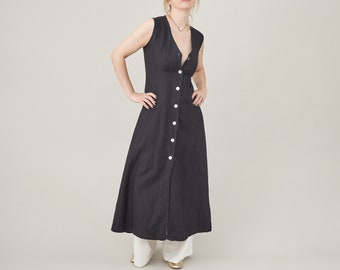 Black Linen Fit and Flare Dress: Minimalist Feminine Cut for Women XS FTV1997