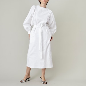 White Cotton Dress for Women Size XXS XXL Custom Long Sleeve White Dress with Puffed Sleeves, Waist Tie and Deep Back Slit image 1
