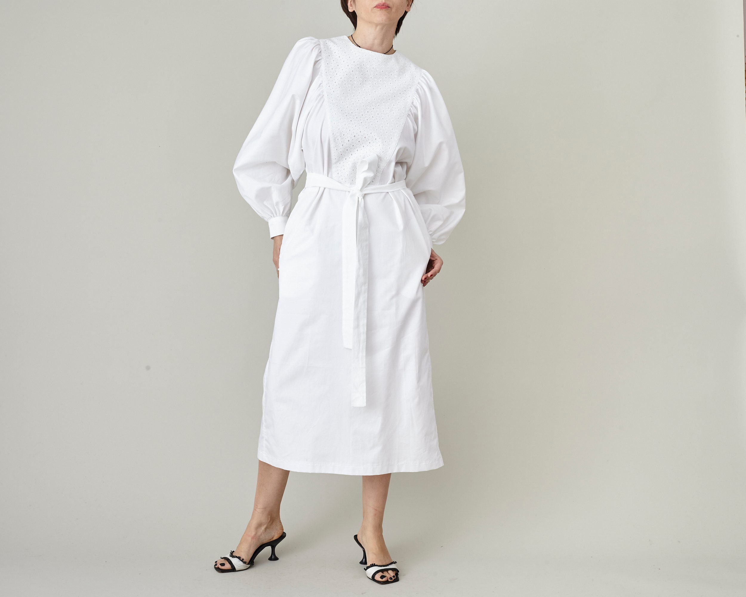 Handmade White Cotton Midi Dress Puffed Sleeve Tie Waist Work Dress