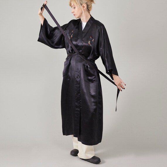 Vintage Silk Kimono Robe: Black Satin with Hand Embroidery, Size S