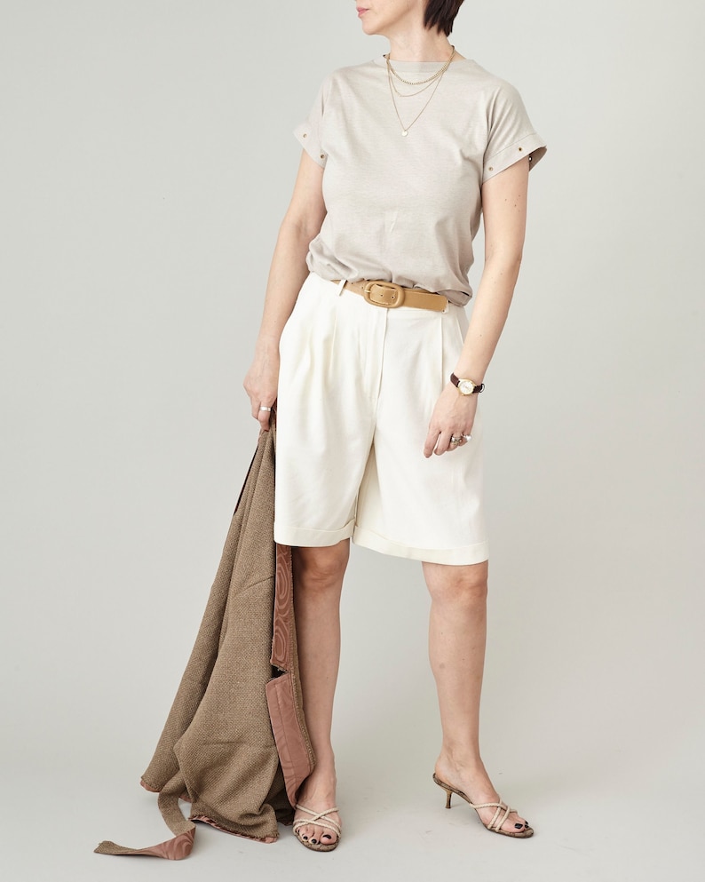 Custom Women's White Silk Shorts: Handmade Bermuda Style with High Waist, Pleats, and Pockets for Summer, Elegant Vacation Shorts image 5