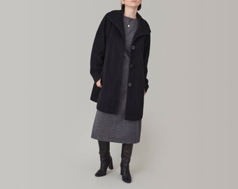 Vintage Black Wool - Angora Overcoat for Women Size S - M | Black Winter Coat with High Collar FTV1208