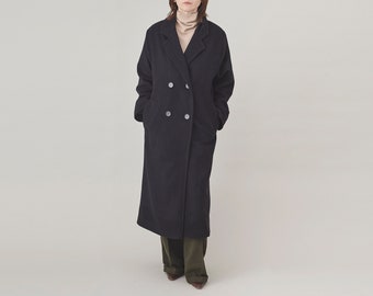 Wool - Cashmere Overcoat | Black Wool Coat, Double Breasted with Oversized Straight Cut FTN82_171WOL_CASH