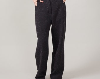 Black Wool Slacks for Women | Winter Pants with Loose Fit and Straight Cut | Warm Thick Lined Trousers with Mannish Style