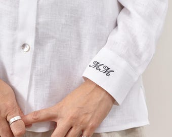 Monogram Shirt Women | Linen Cotton Silk Button Down | Embroidered Initial Cuff Gift