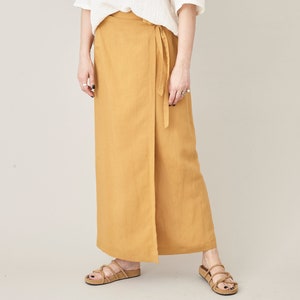 Vintage Linen Wrap Skirt for Women Size S | Mustard Long Wrap Linen Skirt FTV1367