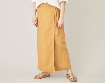 Vintage Linen Wrap Skirt for Women Size S | Mustard Long Wrap Linen Skirt FTV1367