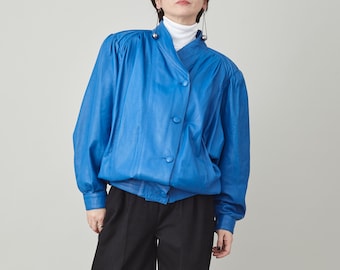 Vintage 80er Jahre Bomberjacke aus blauem Leder - Damengröße M