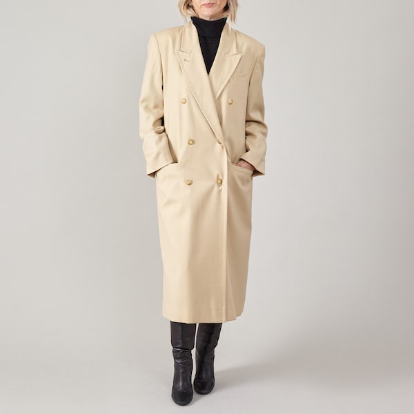 vintage Beige Laine Pardessus Femme Taille S - M | Manteau en laine long et droit à double boutonnage élégant pour le printemps et l'automne