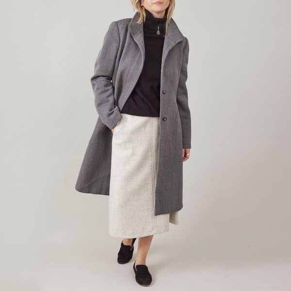 Pardessus en laine gris pour femme, taille S | Manteau d'hiver droit, coupe ajustée, longueur midi avec boutons cachés