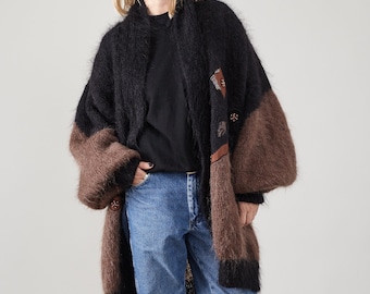 Chunky Fluffy Mohair Knitwear Jacket - Black and Brown | Statement Oversized Long Cardigan with Patches and Beads for Women Sizes S to XL