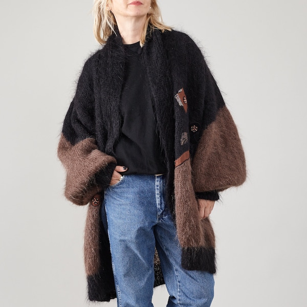 Chunky Fluffy Mohair Knitwear Jacket - Black and Brown | Statement Oversized Long Cardigan with Patches and Beads for Women Sizes S to XL