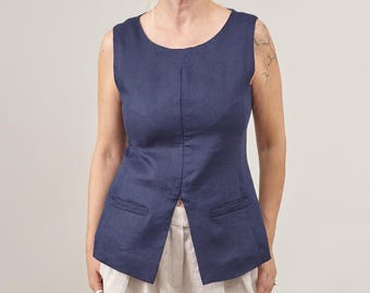 Chaleco largo de lino hecho a mano: elegante top de verano sin mangas