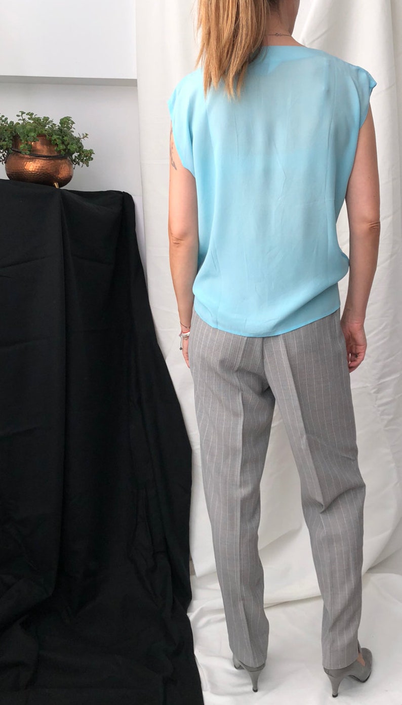 Vintage Blue 100/% Silk Blouse Size M L