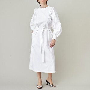 White Cotton Dress for Women Size XXS XXL Custom Long Sleeve White Dress with Puffed Sleeves, Waist Tie and Deep Back Slit image 2