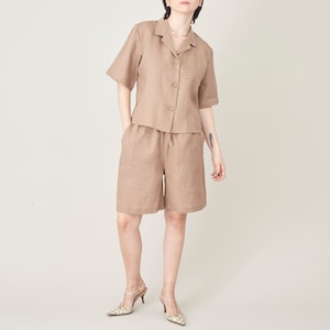 Handmade 100% Linen 2-Piece Set for Women - Short Sleeve Blouse & Pull-String Bermuda Shorts - Casual Chic Summer Outfit, More Color Option
