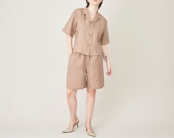 Conjunto de blusa y bermudas de verano para mujer, confeccionado en lino hecho a mano.