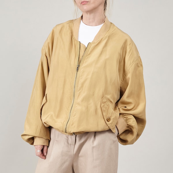 Übergroße Vintage-Bomberjacke aus goldgelber reiner Seide, 90er-Jahre-Retro-Jacke, ideal für Frühling und Herbst, Unisex-Design
