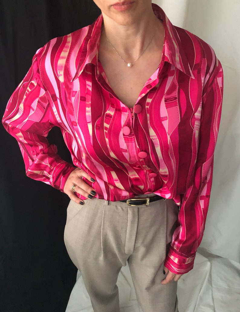Vintage Pink 100/% Silk Blouse Size L