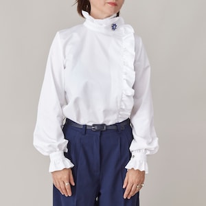 White Cotton Blouse Ladies White Shirt with Ruffled Collar and Cuffs Elegant Office Shirt with Rhinestone Embellishments FTN50_71COT image 2