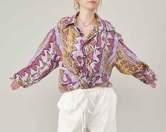 Vibrant Colors Pure Silk Loose Shirt - Unisex Fit Abstract Print in Stunning Purple Hues Vintage Blouse