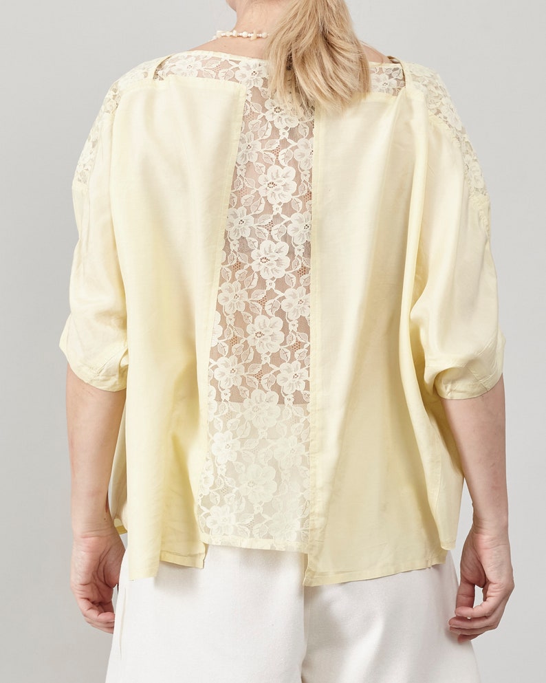 Vintage Butter Yellow Silk Blouse, Lace Detail, Oversized Fit, Women's S-L, Perfect for Summer and Daily Chic image 6