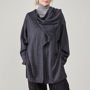 Wool Blend Cardigan with Statement Shawl Collar for in Dark Grey, for Women Size XL or Oversized Fit - FTV424