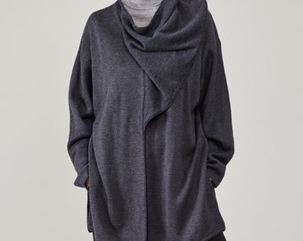 Wool Blend Cardigan with Statement Shawl Collar for in Dark Grey, for Women Size XL or Oversized Fit - FTV424