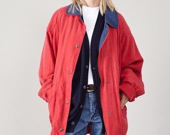 Vintage Red Silk Parka Jacket - Women L-XL | Pure Silk Spring Jacket