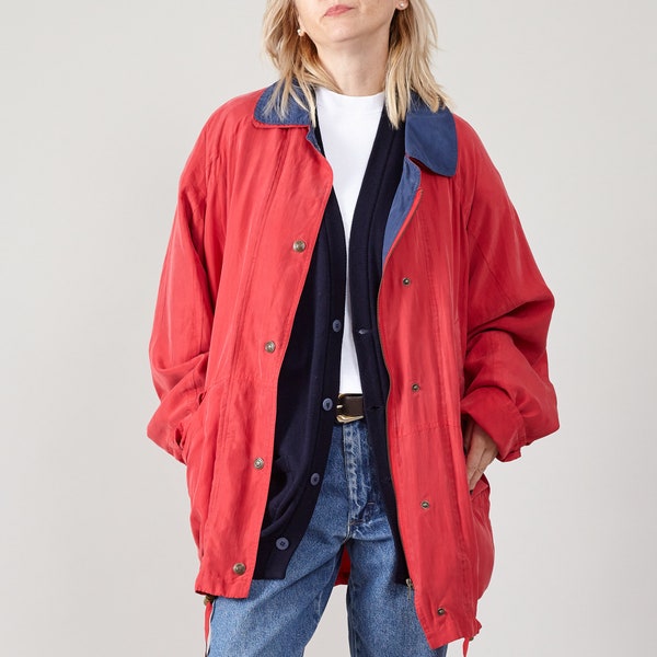 Parka en soie rouge vintage vintage - Femme L-XL | Veste de printemps en pure soie