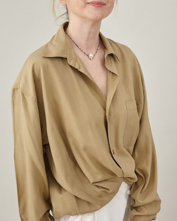 Pure Silk Vintage Shirt in Neutral Moss Green - M… - image 3