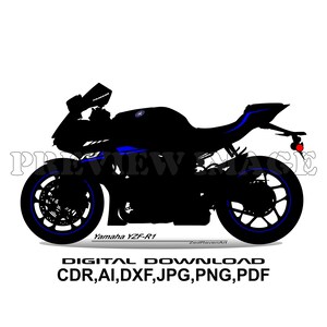 Yamaha YZF R1 - Motorcycle Motorbike Vector Graphic Digital Artwork - Extended Silhouette - Digital Download