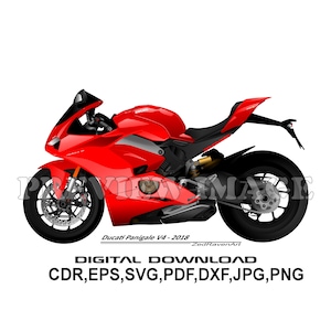May include: A red Ducati Panigale V4-2018 motorcycle with black wheels and a black seat. The motorcycle is on a white background. "DIGITAL DOWNLOAD CDR,EPS,SVG,PDF,DXF,JPG,PNG" is written below the motorcycle.