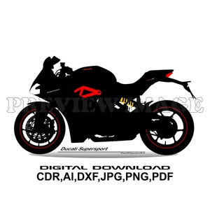 May include: Black silhouette of a Ducati Supersport motorcycle with red accents. The motorcycle is on a white background. The text "Ducati Supersport" and "ZedRavenArt" are visible below the motorcycle.