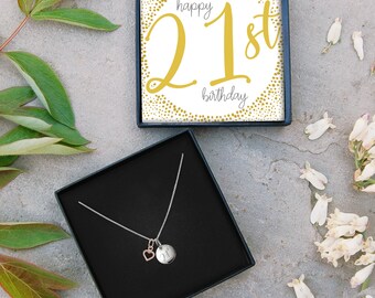 Engraved 21st Heart Necklace - Happy Birthday - Sterling Silver Rose Gold Present Gift Box For Family, Niece, Colleague - Someone Special