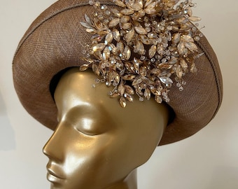 Golden Bronze Beret in fine sinamay straw with sparkling crystal decoration