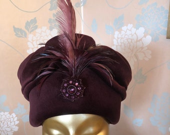 Luxurious Plum Velvet Draped, Turban-style Designer Toque, Feathers, Beadwork, Formal.