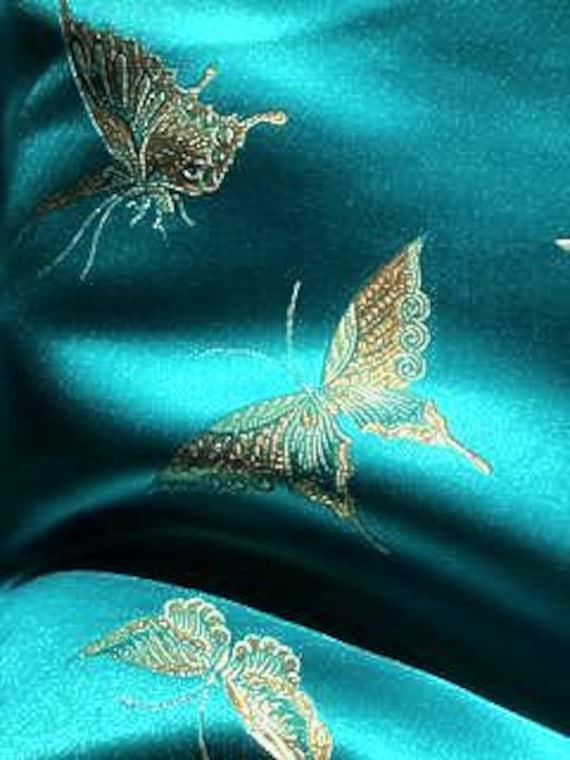 china silk dress material Turquoise Chinese Silk Dress Fabric, Soft Furnishings, Gold Butterfly  Design, 2.5 Metres