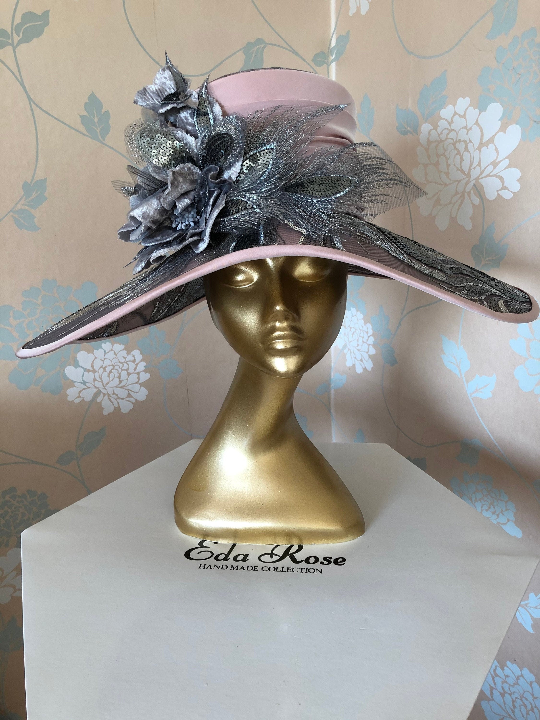 Embroidered Tulle Picture Hat: Silver Sequins, Pale Pink  display picture 3