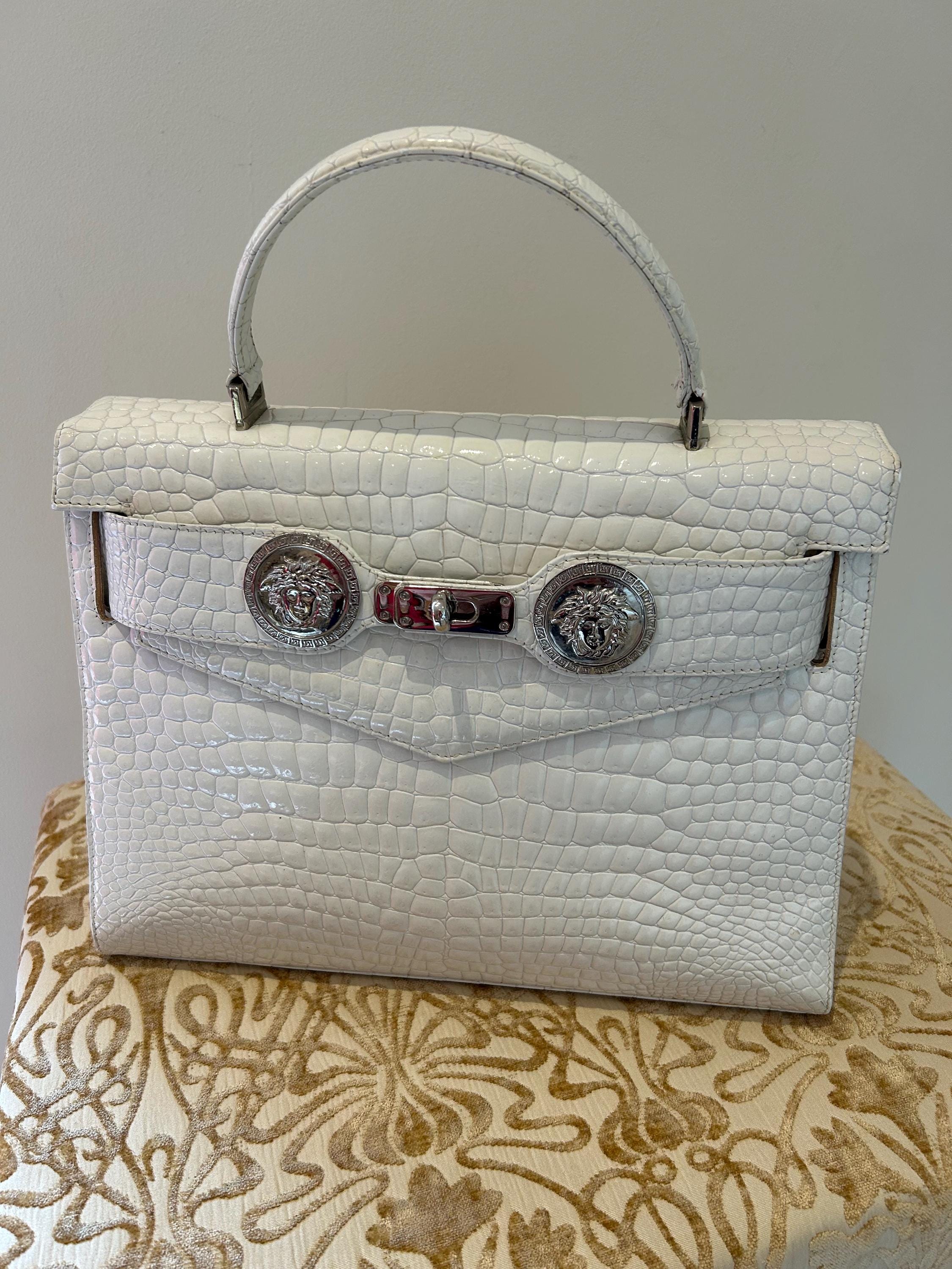 Vintage Gianni Versace Medusa Handbag, White Crocodile Embossed 