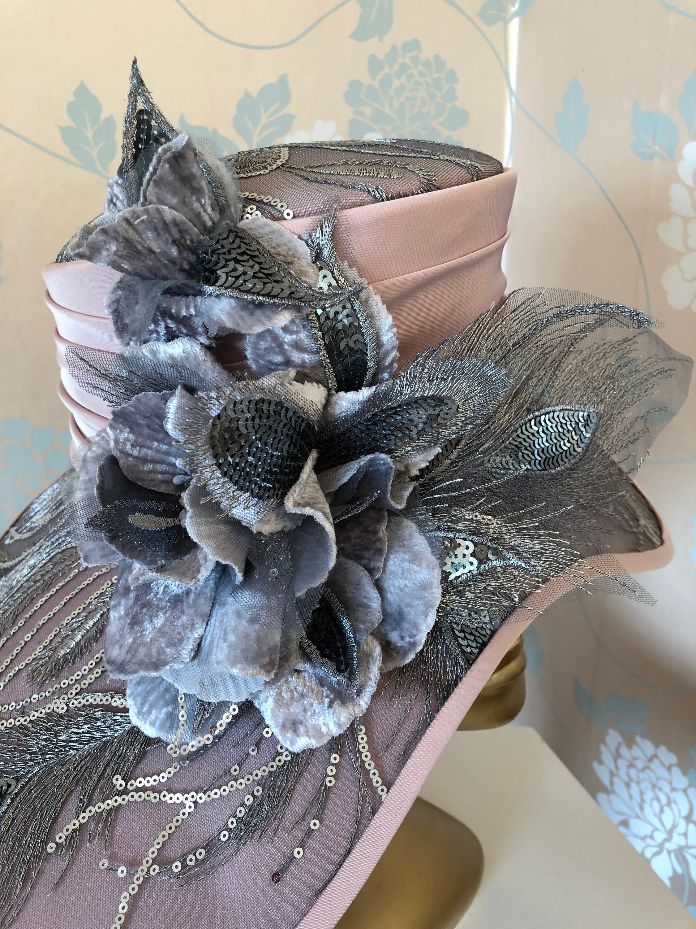Embroidered Tulle Picture Hat: Silver Sequins, Pale Pink  display picture 2