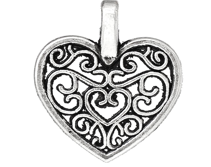 2 Heart Charms Filigree Antique Silver 2 Sided Antique Silver Bracelet Charm Necklace Pendant Jewelry Supplies Charms Craft Projects