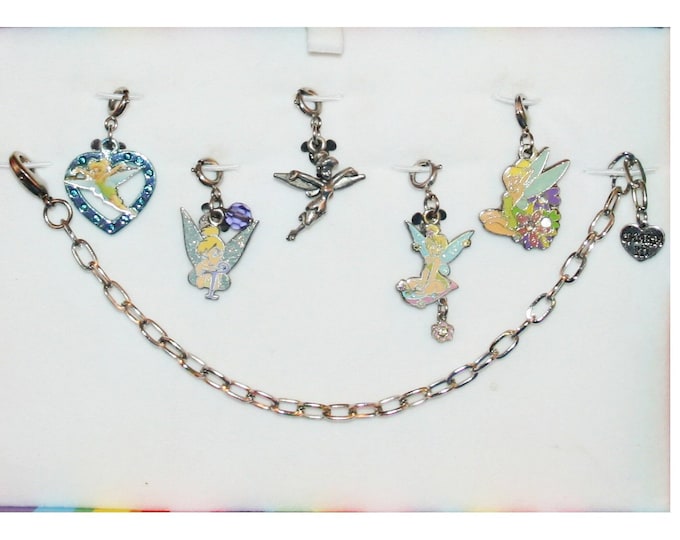 Disney Tinkerbell Bracelet with 5 Charms Heart, T, Flower, Pewter & Dangle Flower Pixie Tinker Bell - Charm It